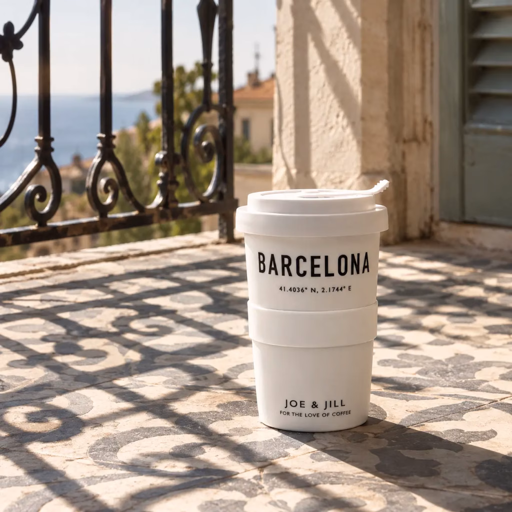 Koffiebeker to go Barcelona op een tegelvloer in de zon met de schaduw van een balkon